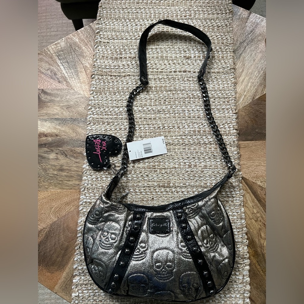 Betsy Johnson  Black and Silver Skull Embossed Shoulder Bag